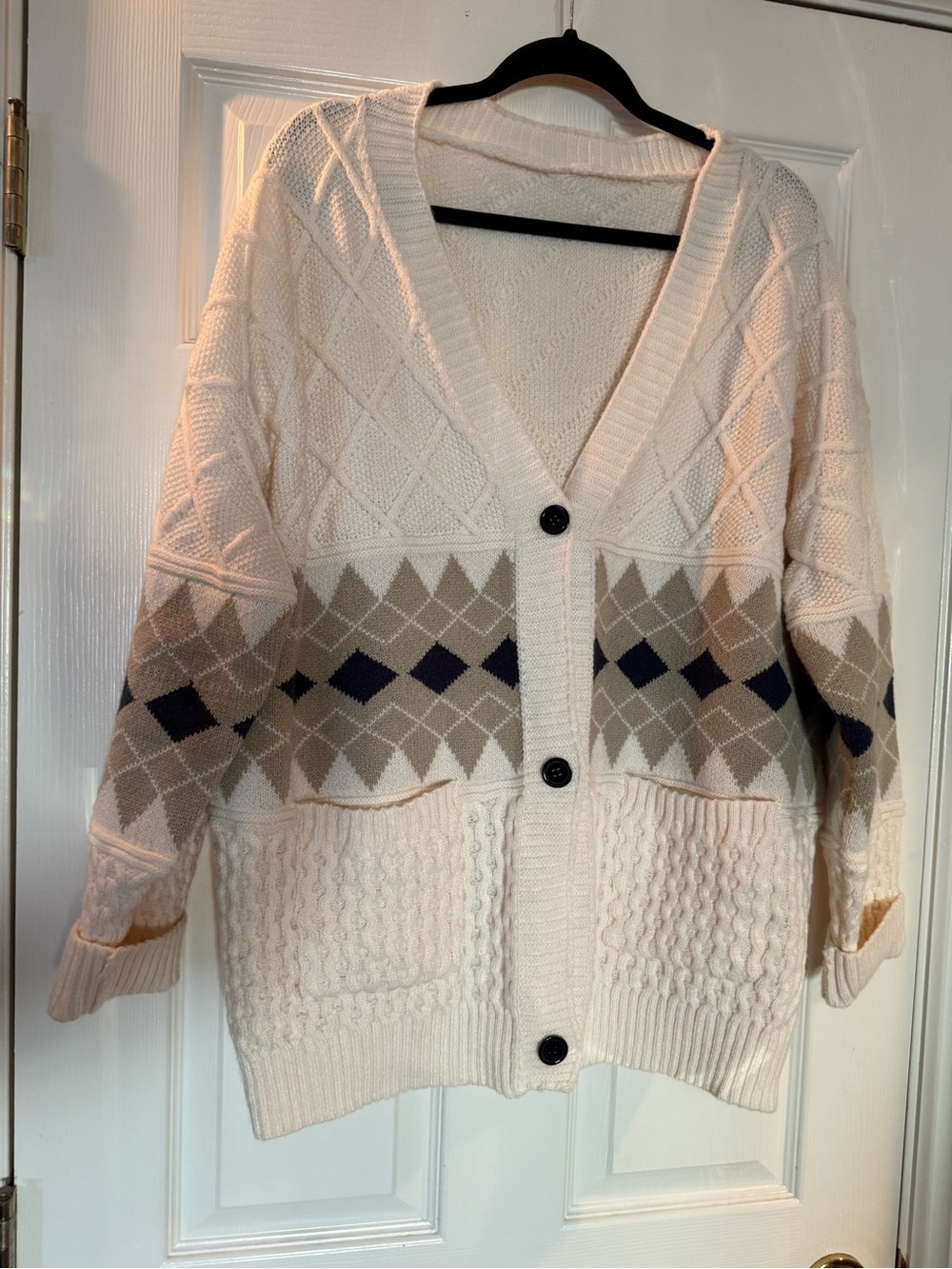 Cream Knit Cardigan with Beige and Navy Argyle Accents